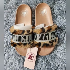 Juicy Couture Tan and Animal Print Fuzzy Embellished J-Wake Slides